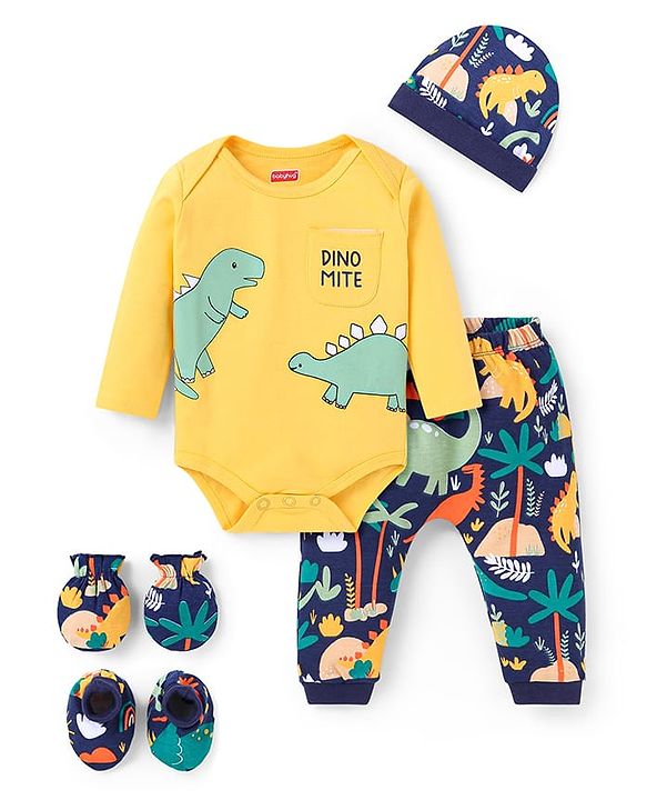 Babyhug 100% Cotton Knit Full Sleeves Dino Printed Onesies with Leggings  & Cap Pair of Mitten Booties - Yellow & Navy Blue
