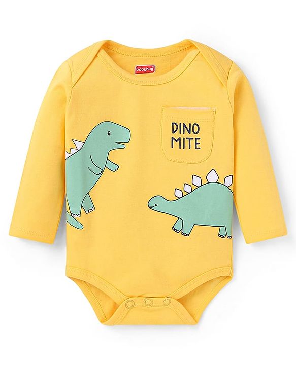 Babyhug 100% Cotton Knit Full Sleeves Dino Printed Onesies with Leggings  & Cap Pair of Mitten Booties - Yellow & Navy Blue