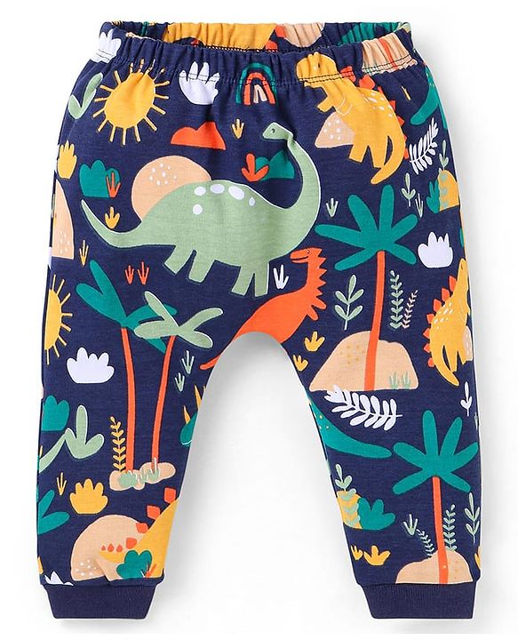 Babyhug 100% Cotton Knit Full Sleeves Dino Printed Onesies with Leggings  & Cap Pair of Mitten Booties - Yellow & Navy Blue