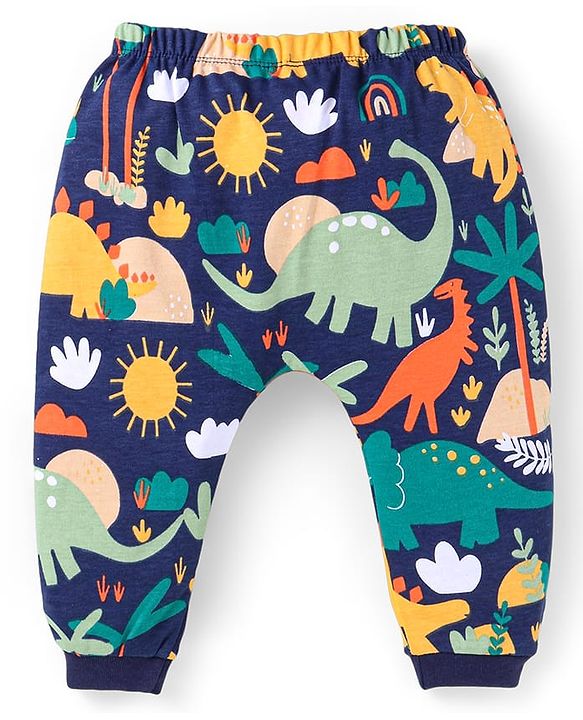 Babyhug 100% Cotton Knit Full Sleeves Dino Printed Onesies with Leggings  & Cap Pair of Mitten Booties - Yellow & Navy Blue