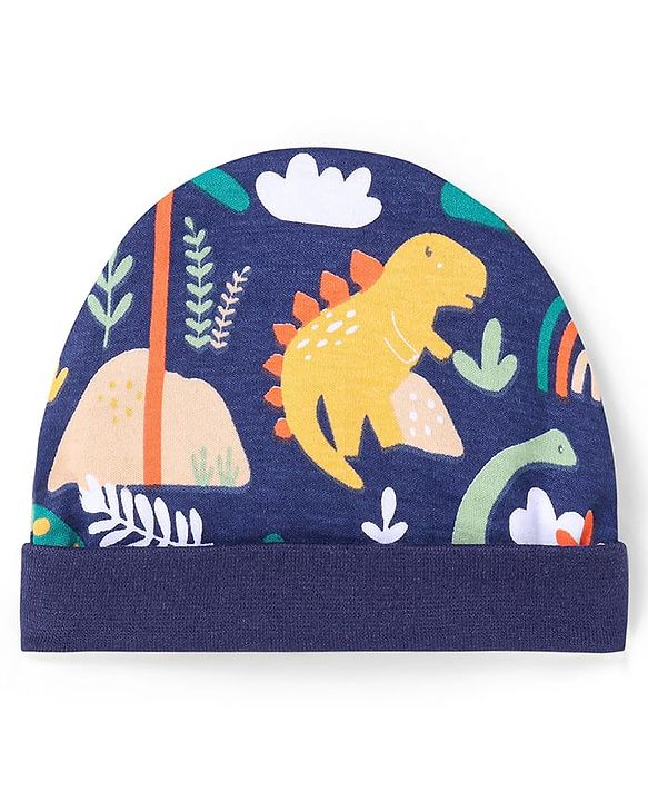 Babyhug 100% Cotton Knit Full Sleeves Dino Printed Onesies with Leggings  & Cap Pair of Mitten Booties - Yellow & Navy Blue