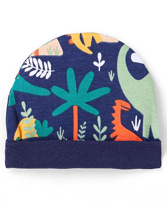 Babyhug 100% Cotton Knit Full Sleeves Dino Printed Onesies with Leggings  & Cap Pair of Mitten Booties - Yellow & Navy Blue