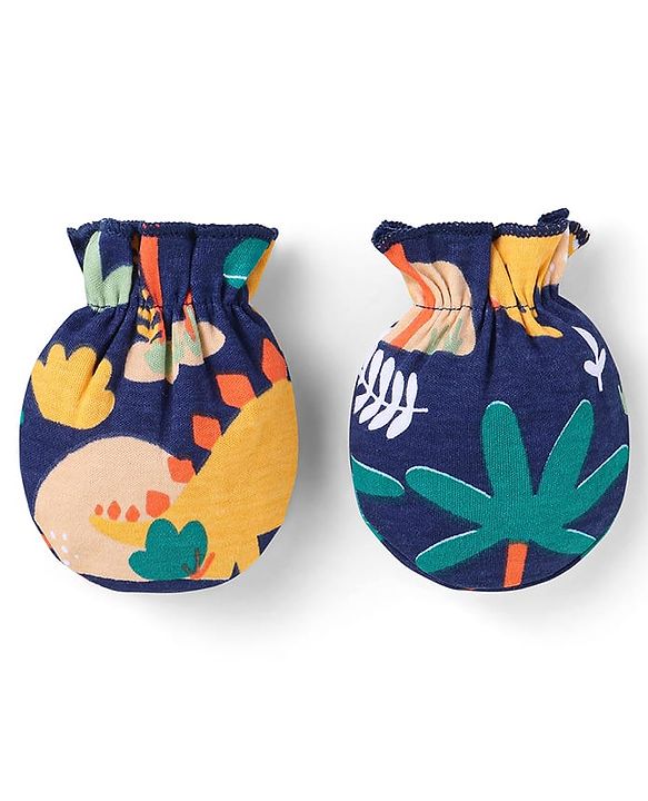 Babyhug 100% Cotton Knit Full Sleeves Dino Printed Onesies with Leggings  & Cap Pair of Mitten Booties - Yellow & Navy Blue
