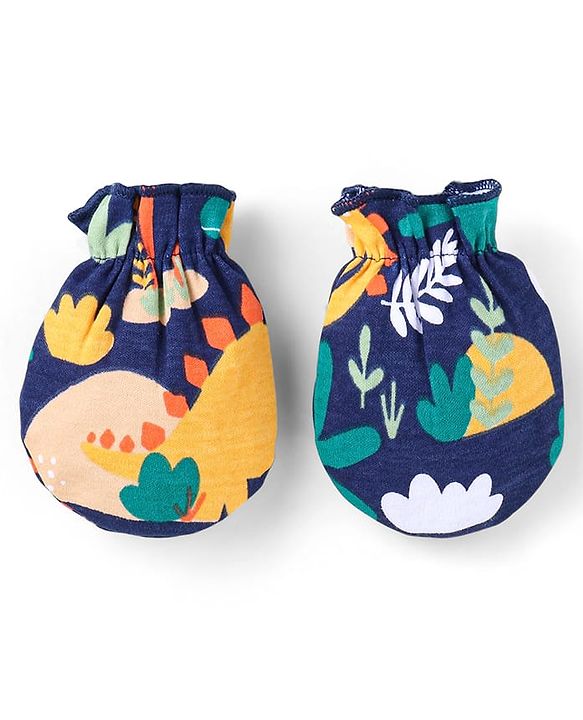 Babyhug 100% Cotton Knit Full Sleeves Dino Printed Onesies with Leggings  & Cap Pair of Mitten Booties - Yellow & Navy Blue