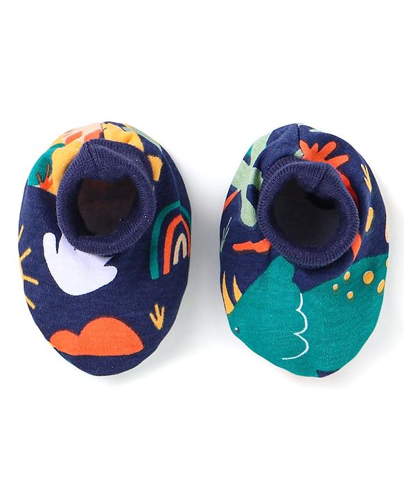 Babyhug 100% Cotton Knit Full Sleeves Dino Printed Onesies with Leggings  & Cap Pair of Mitten Booties - Yellow & Navy Blue