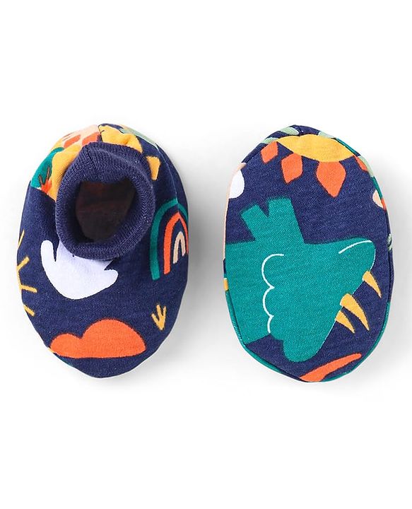 Babyhug 100% Cotton Knit Full Sleeves Dino Printed Onesies with Leggings  & Cap Pair of Mitten Booties - Yellow & Navy Blue
