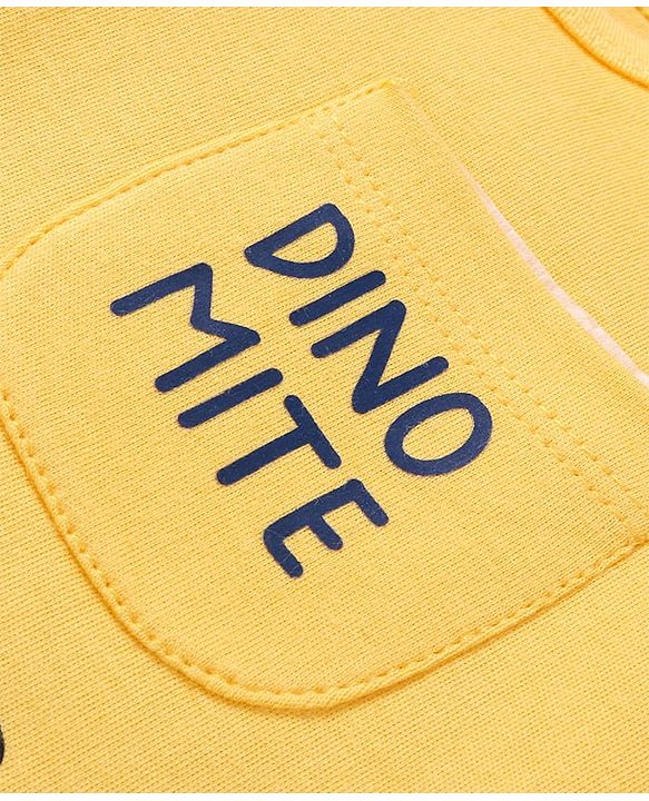 Babyhug 100% Cotton Knit Full Sleeves Dino Printed Onesies with Leggings  & Cap Pair of Mitten Booties - Yellow & Navy Blue