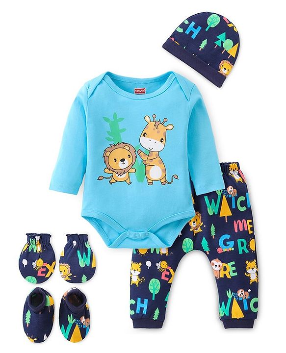 Babyhug 100% Cotton Knit Full Sleeves Onesies with Leggings  & Cap Mitten Booties Lion & Giraffe Print - Blue