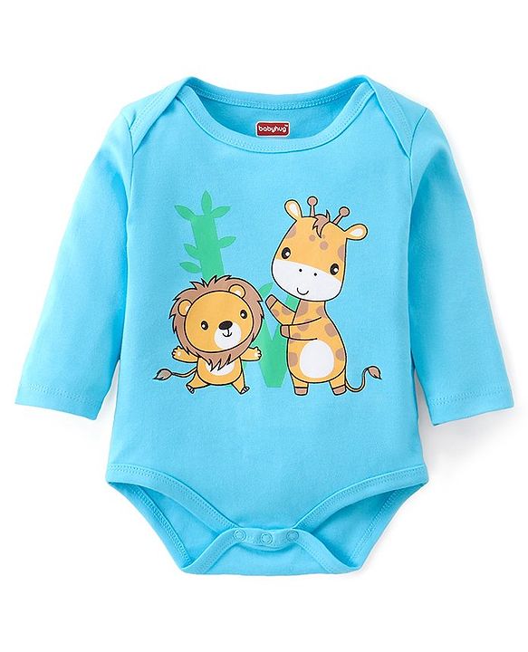 Babyhug 100% Cotton Knit Full Sleeves Onesies with Leggings  & Cap Mitten Booties Lion & Giraffe Print - Blue