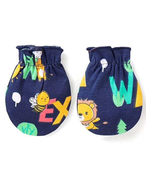 Babyhug 100% Cotton Knit Full Sleeves Onesies with Leggings  & Cap Mitten Booties Lion & Giraffe Print - Blue