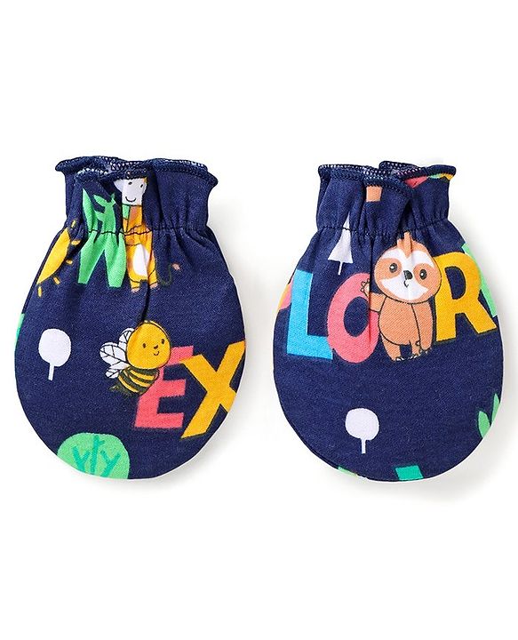 Babyhug 100% Cotton Knit Full Sleeves Onesies with Leggings  & Cap Mitten Booties Lion & Giraffe Print - Blue
