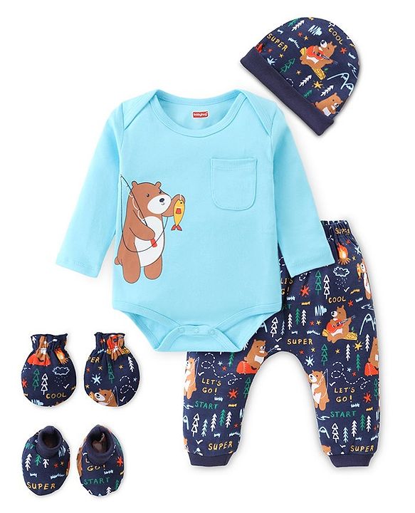 Babyhug 100% Cotton Knit Full Sleeves Onesies with Leggings & Cap Mitten Booties Bear Print - Blue