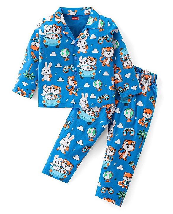 Babyhug Cotton Knit Full Sleeves Collared Night Suit With Animals Print - Blue