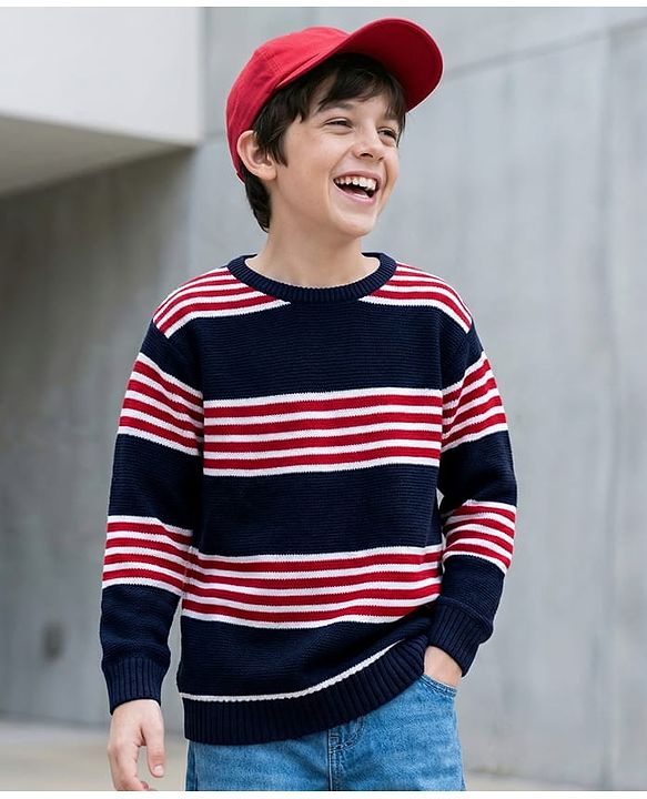 Pine Kids Full Sleeves Striped Pullover Sweater - Navy White & Red