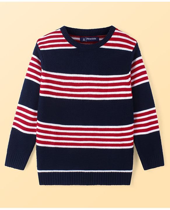 Pine Kids Full Sleeves Striped Pullover Sweater - Navy White & Red