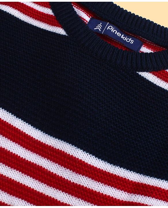 Pine Kids Full Sleeves Striped Pullover Sweater - Navy White & Red