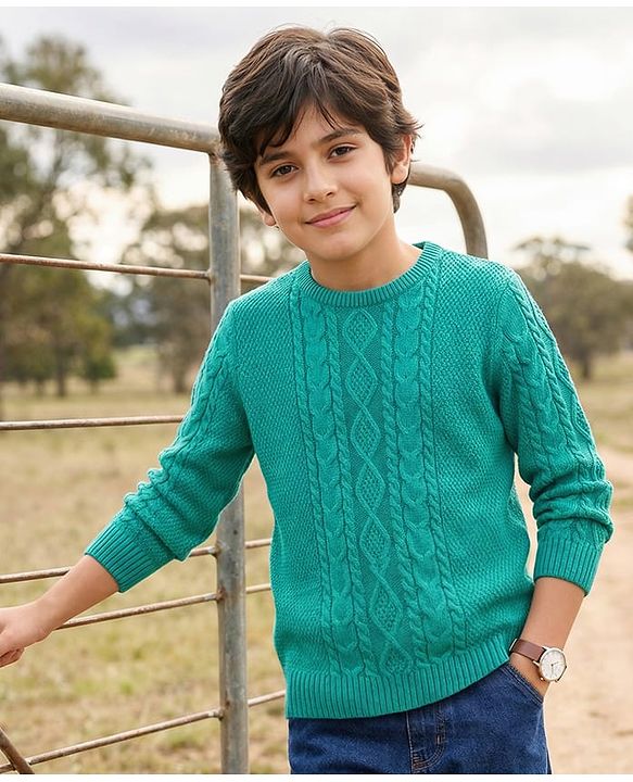 Pine Kids Knitted Full Sleeves Pullover Sweater with Cable Knit Design - Sea Green