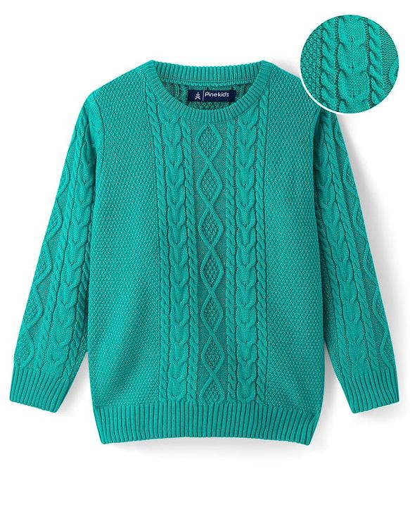 Pine Kids Knitted Full Sleeves Pullover Sweater with Cable Knit Design - Sea Green