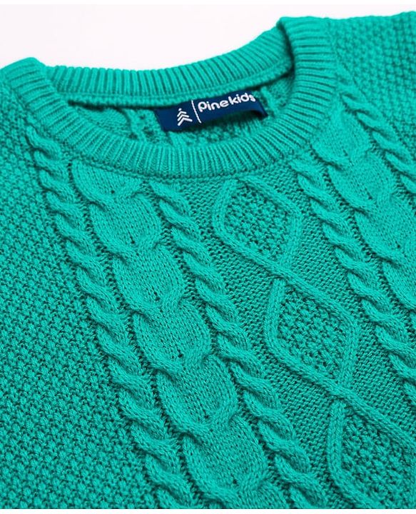 Pine Kids Knitted Full Sleeves Pullover Sweater with Cable Knit Design - Sea Green