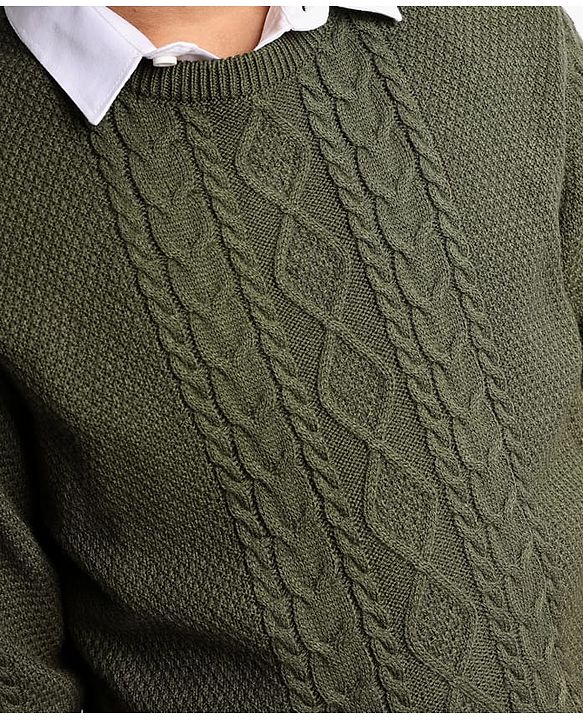 Pine Kids Full Sleeves Cable Knit Pullover - Olive Green