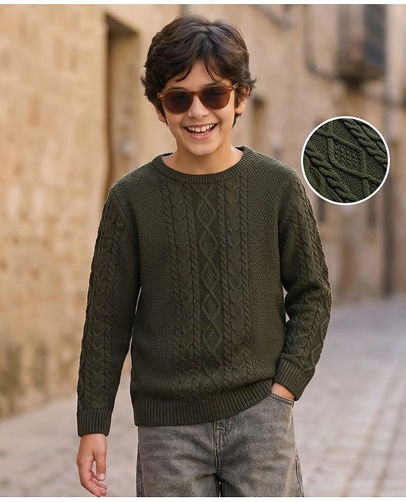 Pine Kids Full Sleeves Cable Knit Pullover - Olive Green