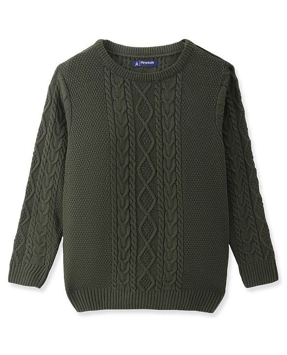 Pine Kids Full Sleeves Cable Knit Pullover - Olive Green