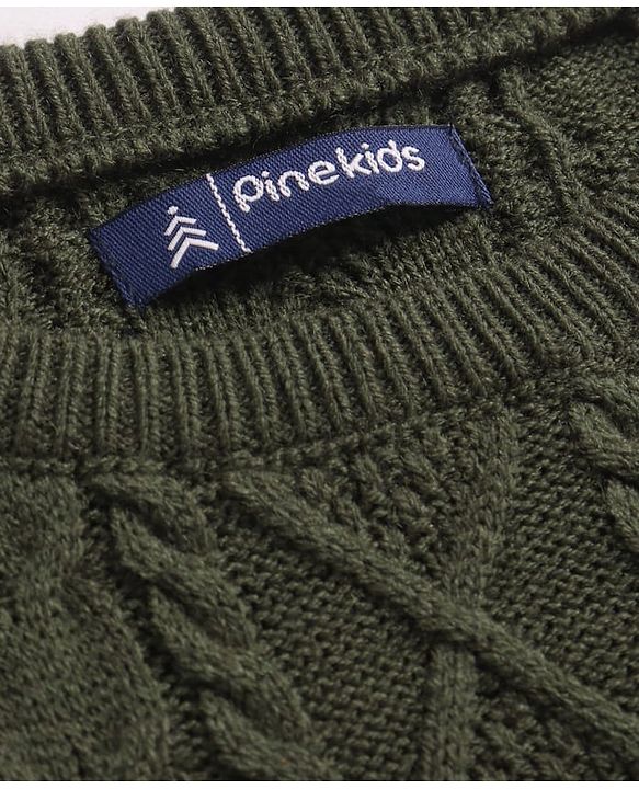 Pine Kids Full Sleeves Cable Knit Pullover - Olive Green