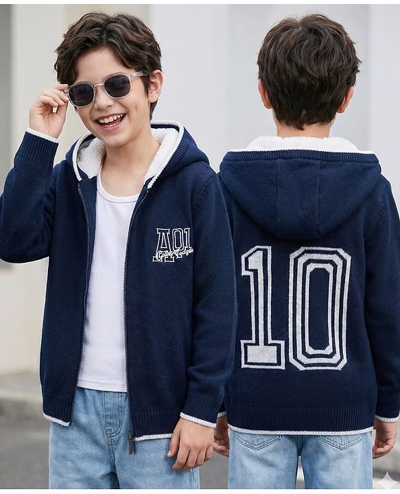 Pine kids Knitted Full Sleeves Hooded Front Open Sweater with Text Embroidery - Navy Blue
