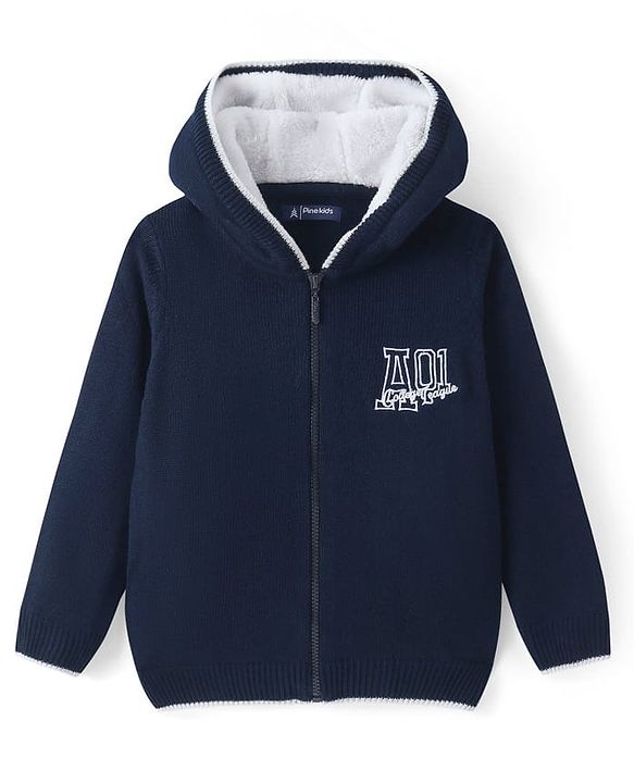 Pine kids Knitted Full Sleeves Hooded Front Open Sweater with Text Embroidery - Navy Blue