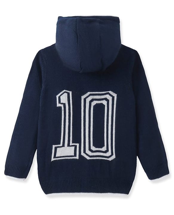 Pine kids Knitted Full Sleeves Hooded Front Open Sweater with Text Embroidery - Navy Blue