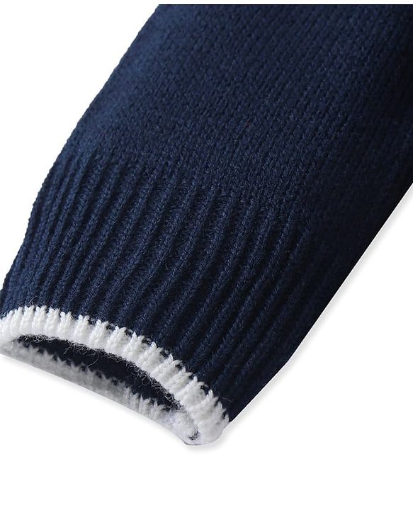 Pine kids Knitted Full Sleeves Hooded Front Open Sweater with Text Embroidery - Navy Blue