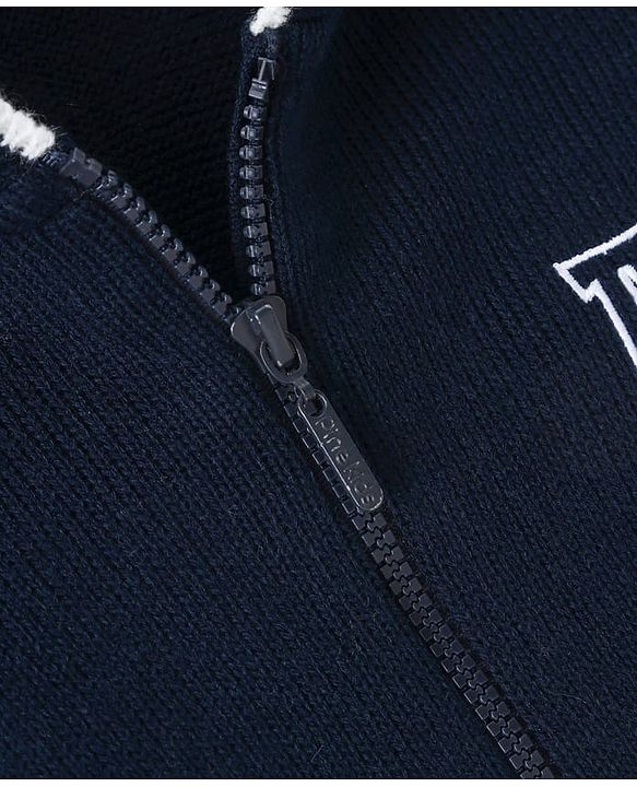 Pine kids Knitted Full Sleeves Hooded Front Open Sweater with Text Embroidery - Navy Blue