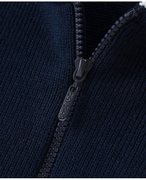 Pine kids Knitted Full Sleeves Hooded Front Open Sweater with Text Embroidery - Navy Blue