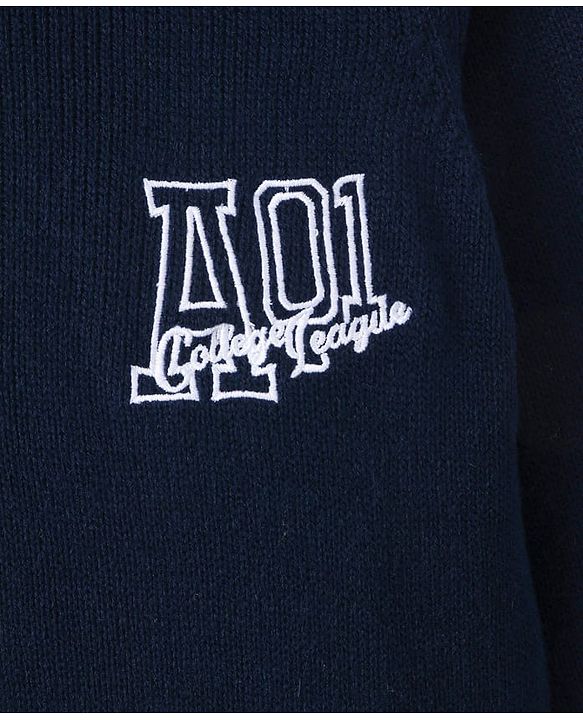 Pine kids Knitted Full Sleeves Hooded Front Open Sweater with Text Embroidery - Navy Blue