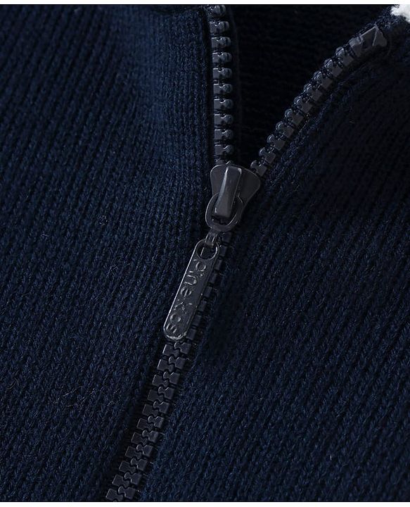 Pine kids Knitted Full Sleeves Hooded Front Open Sweater with Text Embroidery - Navy Blue