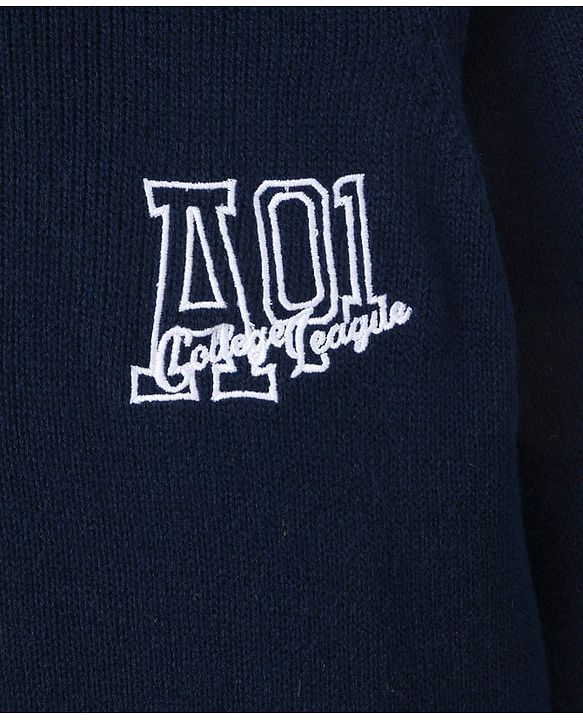 Pine kids Knitted Full Sleeves Hooded Front Open Sweater with Text Embroidery - Navy Blue