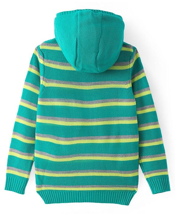 Pine Kids Full Sleeves Front Open  Hood Sweater With Stripes - Mint Green