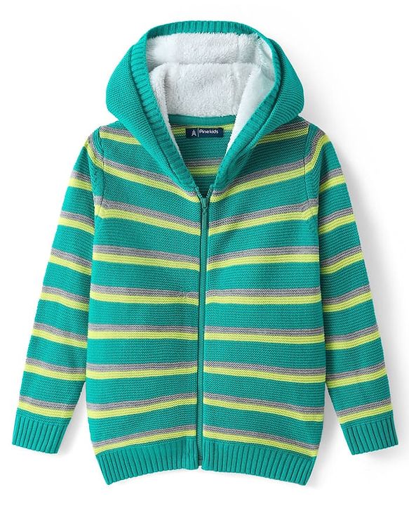 Pine Kids Full Sleeves Front Open  Hood Sweater With Stripes - Mint Green