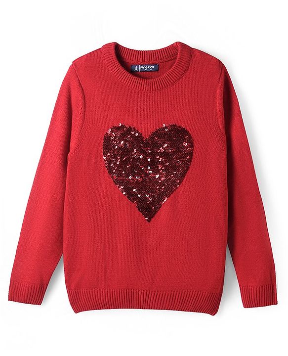 Pine Kids Knitted Full Sleeves Pullover Sweater with Reversible Heart Sequin Design - Red