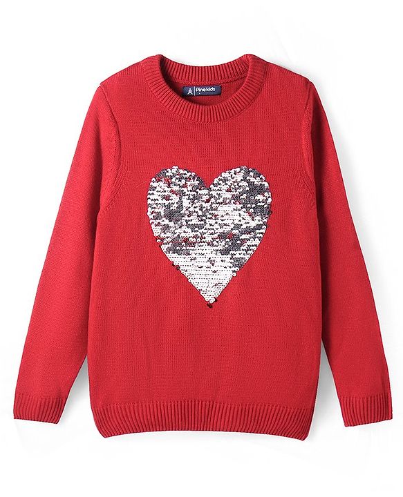 Pine Kids Knitted Full Sleeves Pullover Sweater with Reversible Heart Sequin Design - Red