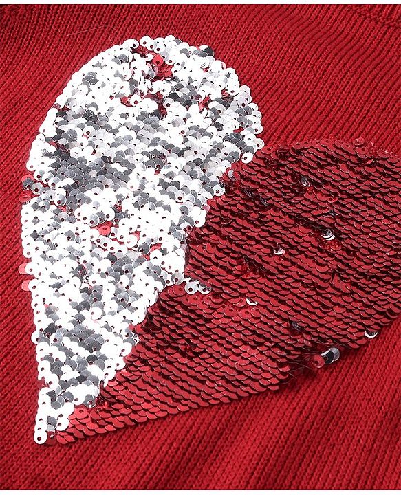 Pine Kids Knitted Full Sleeves Pullover Sweater with Reversible Heart Sequin Design - Red