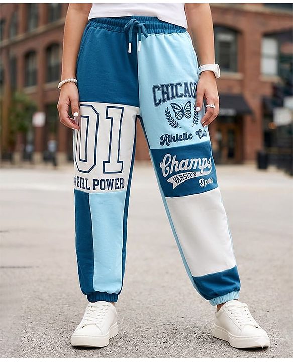 Pine Kids Cotton Knit Full Length Lounge Pant With Text Print - Blue & White