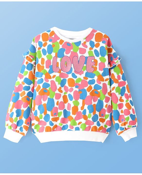Pine Kids Cotton Knit Full Sleeves Sweatshirt with Glitter Text Print - White