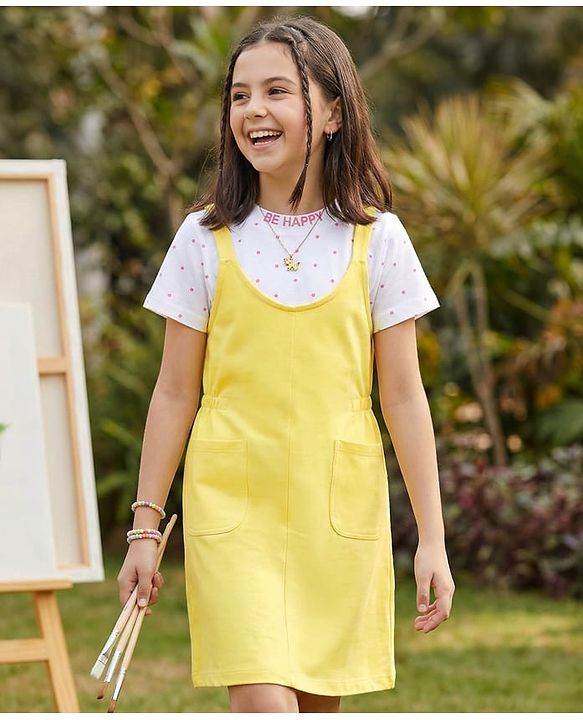 Pine Kids Cotton Knit Solid Frock With Polka Dot Printed Inner Tee - Yellow