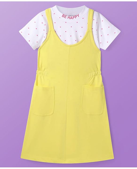 Pine Kids Cotton Knit Solid Frock With Polka Dot Printed Inner Tee - Yellow