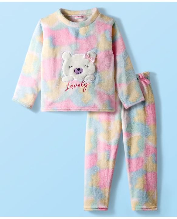 Babyhug Velour Knit Full Sleeves Winter Night Suit With Teddy Applique - Multicolor