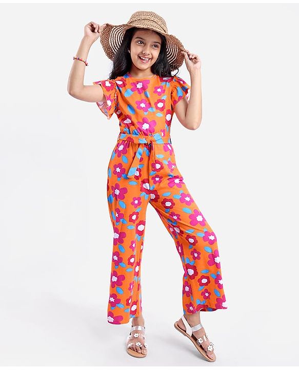 Pine Kids Cotton Knit Frill Sleeves Full Length Jumpsuit Floral Print - Orange