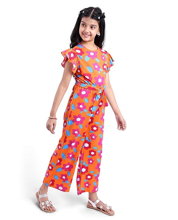 Pine Kids Cotton Knit Frill Sleeves Full Length Jumpsuit Floral Print - Orange
