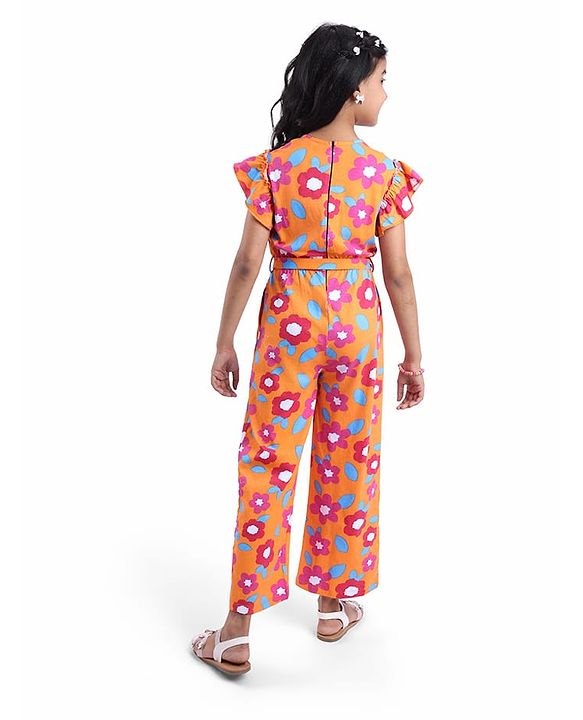 Pine Kids Cotton Knit Frill Sleeves Full Length Jumpsuit Floral Print - Orange