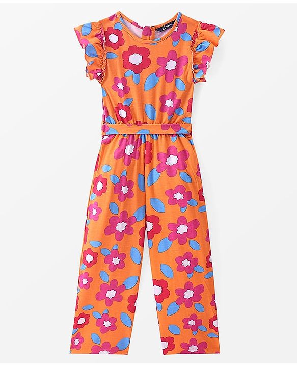 Pine Kids Cotton Knit Frill Sleeves Full Length Jumpsuit Floral Print - Orange